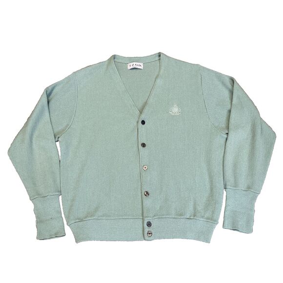 Vintage Izod Sweater Mens Green Cardigan Acrylic Made in USA 80s Granpcore Large - Picture 1 of 8